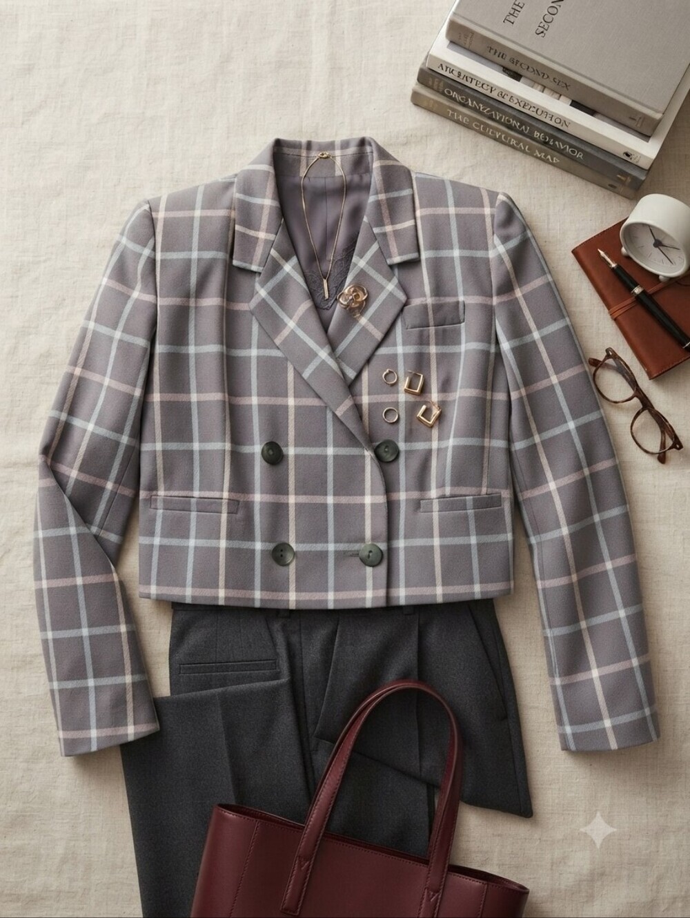 Vintage Illustrations Gray Plaid Double Breasted Cropped Blazer